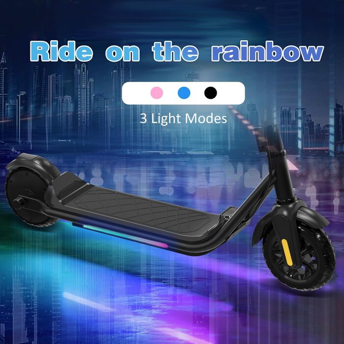 Електричний самокат EVERCROSS E6 для дітей, легкий 7-футовий електросамокат для 6-12 років, електросамокат із запасом ходу до 20 км та 7-кольоровими фарами, 3 режими швидкості (8, 12, 16 км/год), чорний