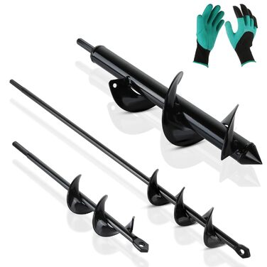 Набір садових бурів для акумуляторного шуруповерта (3 шт.) 4x42 см, 8x30 см, 4x20 см садові рукавички