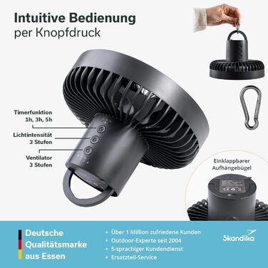 Ліхтар для кемпінгу Skandika Solvind з вентилятором Ліхтар для кемпінгу 3-в-1 з настільним вентилятором та портативним зарядним пристроєм, біле кільце, із зарядним кабелем USB Type-C, регульованою яскравістю, таймером Ліхтар для кемпінгу, для використання