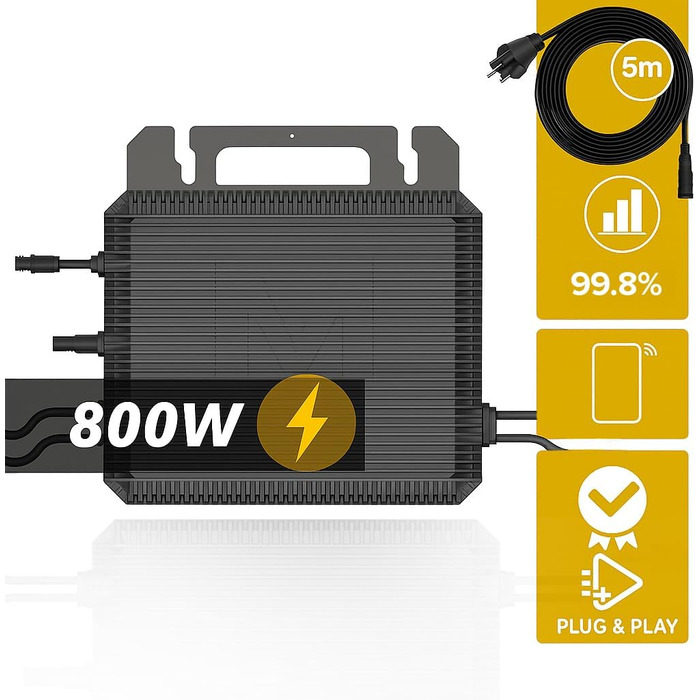 Двофазна балконна електростанція SUNNIVA 1000 Вт, повністю чорна, в комплекті з розеткою, інвертором MARSTEK 800 Вт, фотоелектричною сонячною системою, 2 сонячними модулями зі скла по 500 Вт, включаючи кабель 5 м, Bluetooth WIFI, повний комплект 1000/800 
