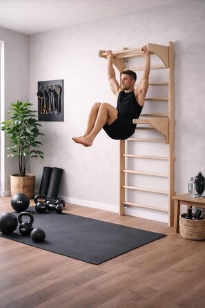 Шведська стінка з турніком для дорослих (230 см), дерев&39яна стінка для скелелазіння, багатофункціональне фітнес-обладнання, драбина для скелелазіння для дорослих та дітей, 100 ЕКО, зроблено в ЄС з кільцями для гімнастики DIP