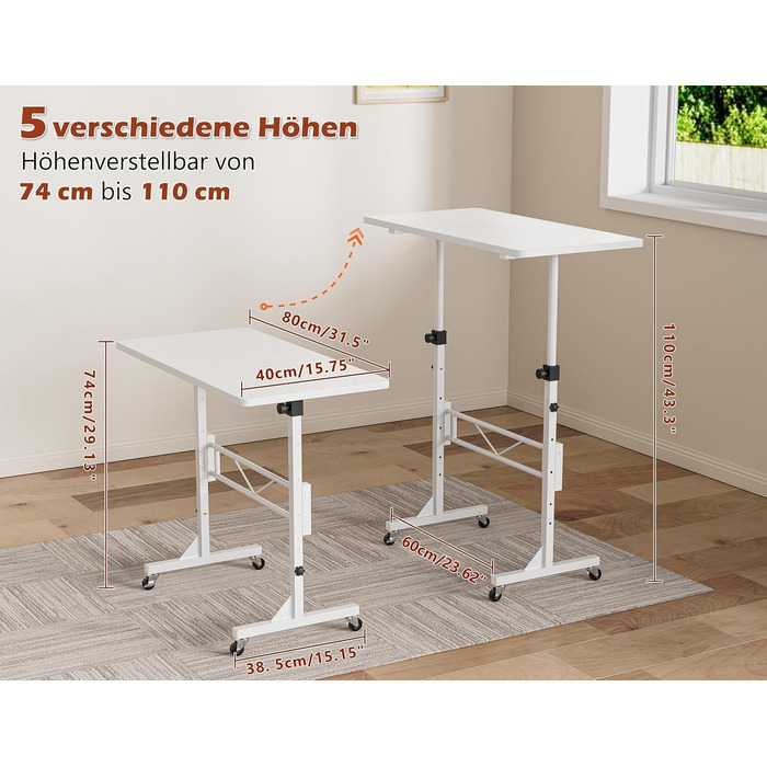 Стіл з регульованою висотою та колесами, комп&39ютерний стіл, стіл для роботи стоячи, регульована висота для бігової доріжки/ходьби для дому, невеликий ПК-стіл для домашнього офісу, 80 x 40 см, білий (80 x 40 x 74-110 см)