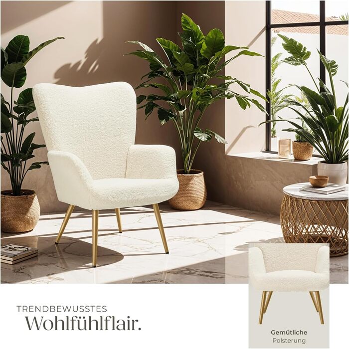 Крісло tectake у скандинавському стилі з крильцями, крісло Teddy Hygge, вельветове крісло для вітальні, спальні, їдальні, вишукане крісло-гостина, вантажопідйомність до 150 кг - букле кремовий/золотий без пуфа букле кремовий/золотий