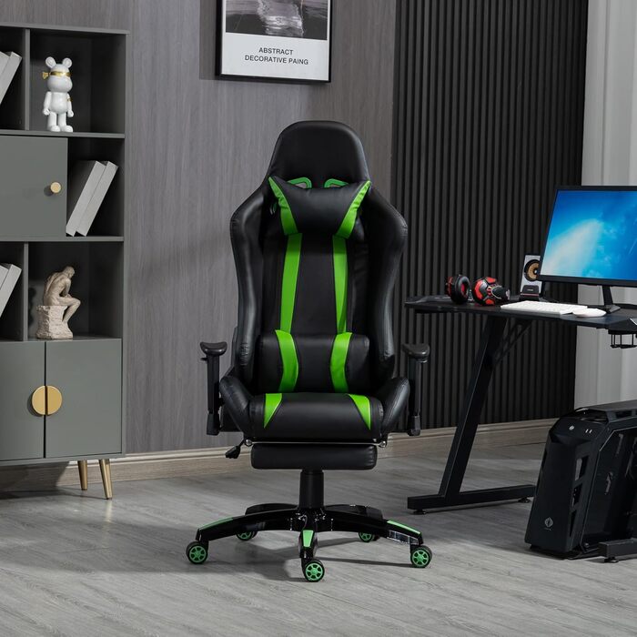 Ігрове крісло SVITA Gamyx, офісне крісло, стілець для столу, ігрове крісло, ергономічне поворотне крісло з підголівником, підставкою для ніг, підставка для ніг, зелене