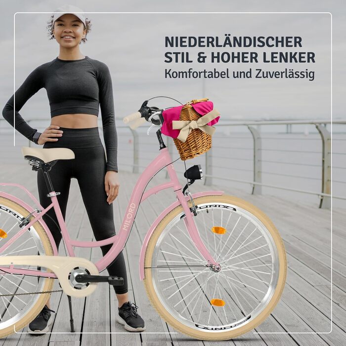 Велосипед Milord Comfort з плетеним кошиком, голландський велосипед, жіночий велосипед, міський велосипед, вінтажний, 28 дюймів, рожево-кремовий, 7 швидкостей