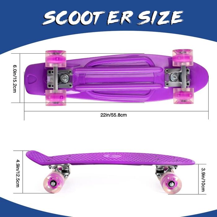 Для дітей, підлітків та дорослих, світлодіодні колеса зі світлодіодним підсвічуванням та універсальним інструментом для початківців, фіолетовий, 22 Mini Cruiser Skateboard