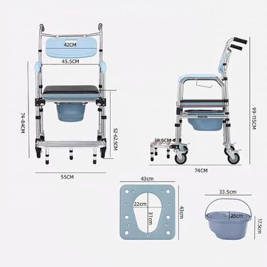 Туалетне крісло UHJKLA для спальні з колесами, регульована по висоті тумбочка для транспортування інвалідного крісла для людей похилого віку та інвалідів, туалетне крісло на колесах з ногою