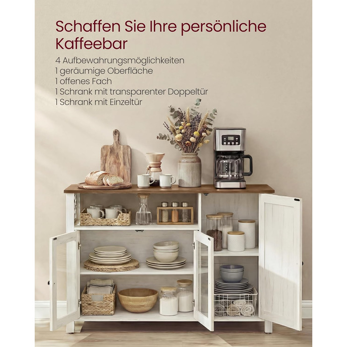 Сервант, Кухонна шафа, Шафа для зберігання, з 3 дверцятами, для вітальні, кухні, їдальні, 33 x 110 x 75 см, Сільський стиль, Медово-коричневий - Вінтажний білий LSC096WJ02 Медово-коричневий Вінтажний білий