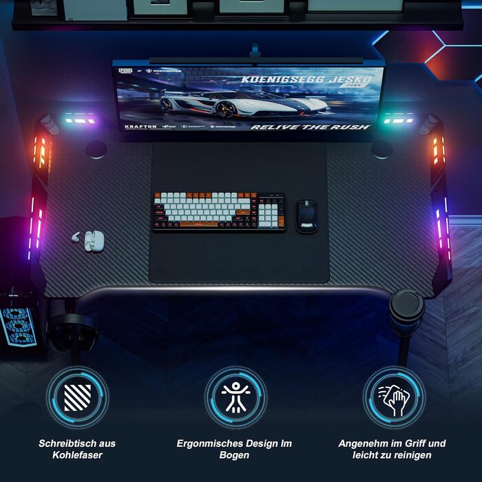 Письмовий стіл 120x60x73 см, комп&39ютерний стіл з ніжками, великий ігровий стіл, кутовий стіл для ПК, для дому, ігровий, чорний, без підставки для монітора, зі світлодіодним підсвічуванням 120 см