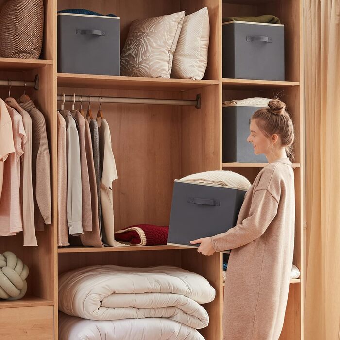 Коробка для зберігання Lifewit Fabric, складні куби для зберігання об&39ємом 36 л, органайзери з нетканого матеріалу з ручкою для полиць-кубів, вставка для полиць, 6 шт. , 33x33x33 см, сірий