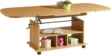 Функціональний журнальний столик Babsi, дерев&39яний матеріал з меламіновим покриттям, бук, регульована висота 53-63 см, розсувний 107-157 см, на колесах