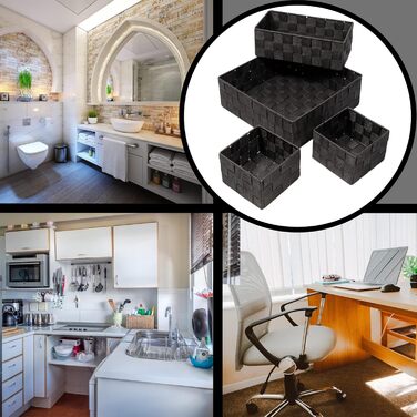 Набір із 4 кошиків для зберігання SilkKorb без кришок, під ротанг, штабелювані полиці з плетеного нейлону, коробки для зберігання, кошики для ванної кімнати, кошики для зберігання в шафах, на кухні, у вітальні (чорний)