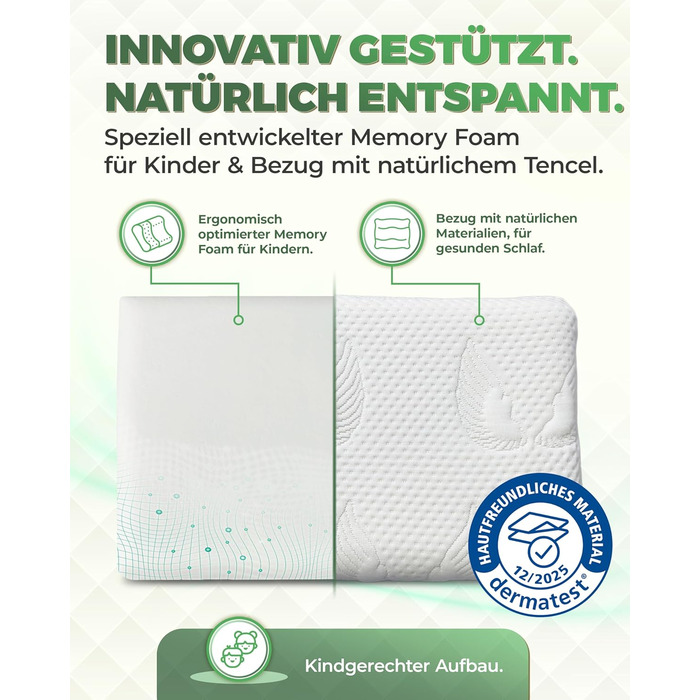 Дитяча подушка Welldora з піни з ефектом пам&39яті 30x50 см ергономічна подушка для дітей (28 років), росте разом з дитиною, дихаючий чохол 3D Tencel, сертифікований Oeko-TEX, безпечний, можна прати та приємно м&39який. Дитяча подушка білого кольору з пін