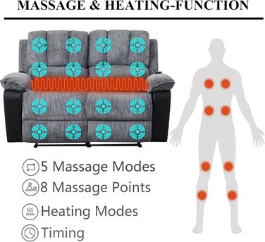 Заспокійливе масажне крісло LS для 2 осіб з підігрівом електричний розслабляючий диван для людей похилого віку, функція підігріву спини та ніг, ніжний масаж Шиацу, просте керування, вельветова тканина, 2 місця