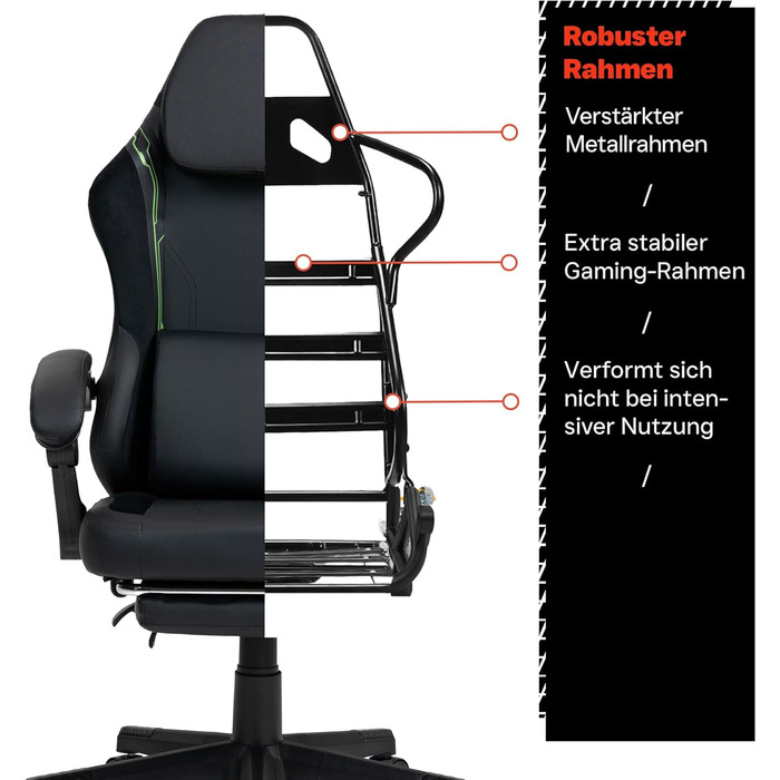 Чорно-зелене ігрове крісло - з підставкою для ніг - ергономічне - з регульованою висотою