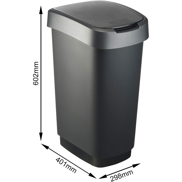 Відро для сміття Rotho Twist 50 л з кришкою, пластик (PP) без вмісту BPA, чорний/сріблястий, 50 л (40,1 x 29,8 x 60,2 см)