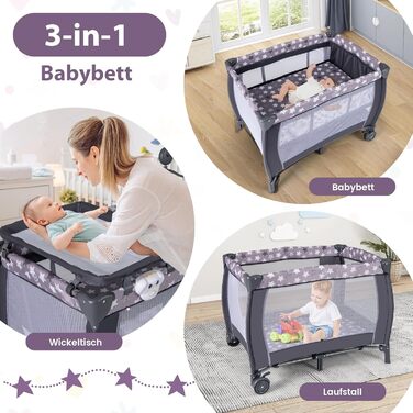 Складана приліжкова ліжечка COSTWAY 3 в 1, дорожнє ліжечко з матрацом, підвісні іграшки, музичний мобіль, пеленальний столик та сумка для перенесення, 2-рівневе дитяче ліжечко з колесами для дітей до 36 місяців (темно-сірий)
