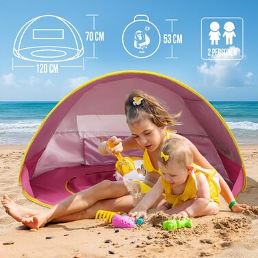 Розкладний пляжний намет Портативний пляжний намет із захистом від ультрафіолету та вітру Пляжний м&39яч, вбудована пісочниця, басейн Кишені для зберігання речей, вікно на блискавці для 2 осіб Рожевий