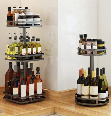 Обертова підставка для спецій, 2 рівні, чорна, кухонна полиця Lazy Susan, стояча, кухонний органайзер на стільницю, кутова полиця, свердління не потрібне, кругла, 2 рівні