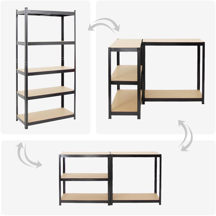 Міцний стелаж Ragnar 180x90x40 см з вантажопідйомністю 175 кг Чорний Гаражні стелажі Підвальні стелажі Майстерні Стелажі для зберігання Безболтовий стелаж 4-елементний - 180x90x40 см Чорний МДФ панелі, 4 шт.