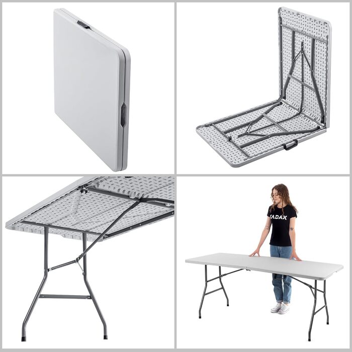 Складаний садовий стіл KADAX 180 x 74 x 73 см, водонепроникний складний стіл, стіл для вечірок у саду, на патіо та на балконі, міцний фуршетний стіл, кемпінговий стіл (білий)