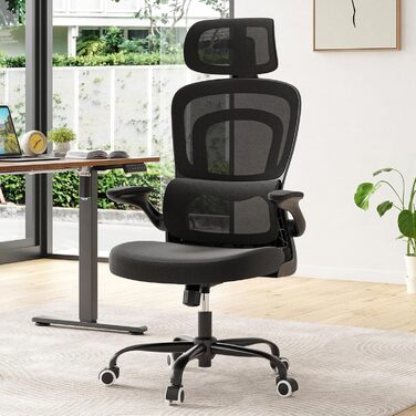 Ергономічне офісне крісло Farini, комп&39ютерне крісло з колесами, письмове крісло для комфортного домашнього офісу, крісло керівника з регульованою висотою та підголівником, чисто чорне