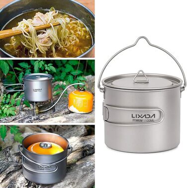 Титанова чашка Lixa-da з кришкою та складною лопаткою, 750 мл/900 мл/1100 мл, легкий посуд для пікніка, для кемпінгу, походів, пікніків на свіжому повітрі, 128 г C-1100 мл