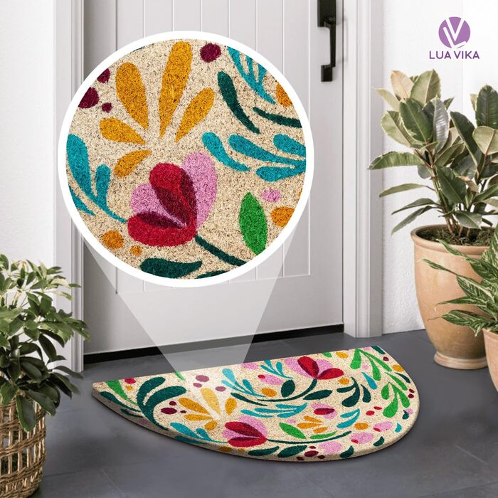 Напівкруглий кокосовий килимок для дверей - Флора - 40x70 см - Килимок для дверей для приміщень та вулиці - Килимок для передніх дверей - Килимок для вулиці - Килимки для дверей - Килимок для дверей з кокосового волокна