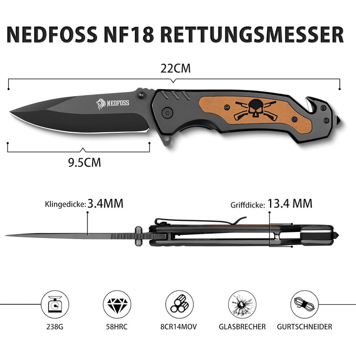 Рятувальний ніж NedFoss NF18, складний ніж 9,8 см з різаком для ременя та склорізом, кишеньковий ніж з фіксатором та шарикопідшипн