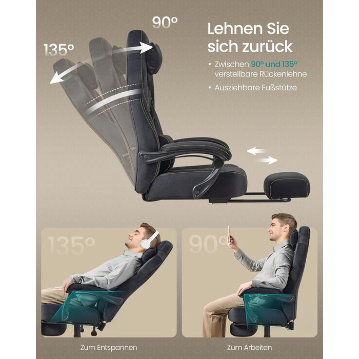 Ігрове крісло SONGMICS, офісне крісло, комп&39ютерне крісло, ергономічний дизайн, з підставкою для ніг, регульований підголівник, поперекова опора, вантажопідйомність 150 кг, чорний колір OBG077B08, оксамитова тканина чорного кольору