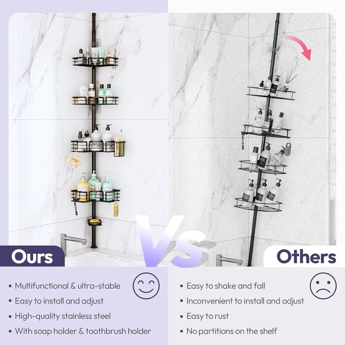 Кутова полиця для душу телескопічна SWTYMIKI - 4-ярусна, з мильницею, тримачем для зубних щіток та 4 гачками, регульована, з нержавіючої сталі, монтаж без свердління, 70-275 см, чорна