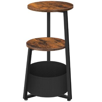 Круглий бічний столик HOOBRO, трирівнева тумбочка з полицями та тканинною кишенею, журнальний столик для невеликих приміщень, столик-диван, столик для перекусу, для вітальні, спальні, вінтажний коричневий та чорний EBFB169BZ01