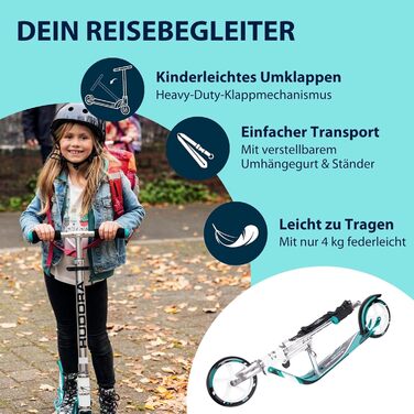 Самокат HUDORA BigWheel 205 - Міцний алюмінієвий самокат - Регульований по висоті та складаний міський самокат з підставкою - Спор