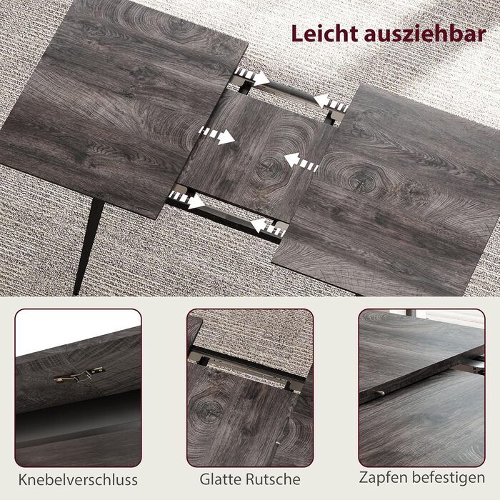 Розсувний прямокутний обідній стіл HOMCOM для 6-8 осіб з дерев&39яним виглядом, розсувними поручнями та замками, обідній стіл, сірий, 120-160 см, сірий 160Д x 75Ш x 77В см