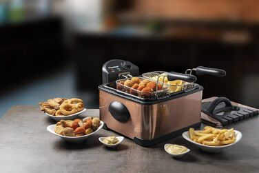 Олійна фритюрниця Bestron XL з 3 кошиками для смаження, включаючи технологію холодної зони та знімний контейнер для олії, 4 літри, можна мити в посудомийній машині, 2000 Вт, нержавіюча сталь, колір мідь