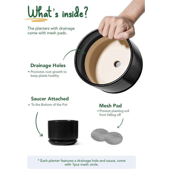 Набір з 3 керамічних квіткових горщиків, діаметром 111317 см, набір для невеликих кашпо, квітковий горщик для кімнатних рослин з блюдцем та дренажним отвором, чорний