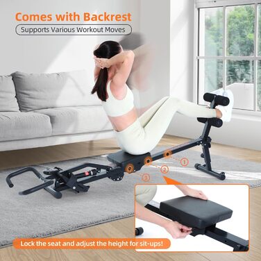 Складаний гребний тренажер Sportneer для дому, гідравлічний складний гребний тренажер з 12 рівнями опору, домашнє фітнес-обладнання, тренажер для пресу з U-подібною ручкою та спинкою, витримує до 135 кг, чорний