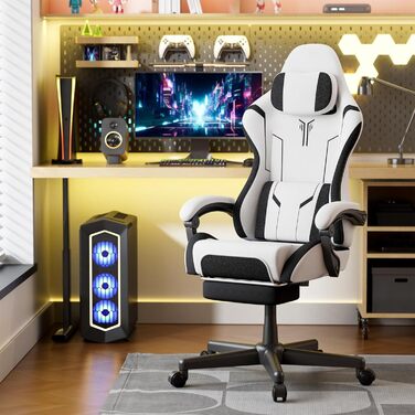 Геймерське крісло з поперековою опорою, ергономічне офісне крісло, регульована спинка, потовщена подушка, міцне ігрове крісло, висувна підставка для ніг, комп&39ютерне крісло з підлокітниками, поворот на 360, біле, 68 см x 68 см x 117 см, сірий