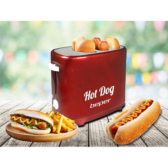 Машина для приготування хот-догів BEPER BT.150Y з 5 рівнями нагріву - машина для хот-догів у вінтажному дизайні, червона, 750 Вт для приготування на грилі