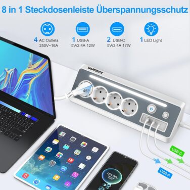 Розетка з USB і 2 Type-C, кутова розетка на 4 відділення, кутова розетка зі світлодіодним підсвічуванням, захист від перенапруги 3