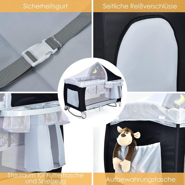 Складане дорожнє ліжечко COSTWAY 4-в-1, дитяча колиска, пеленальний столик та манеж з функцією гойдання, включаючи музичний мобіль, ігрову арку, пеленальний килимок, матрац, органайзер для підгузків та сумку для перенесення (чорний)