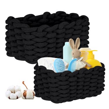 Бавовняні кошики для зберігання, Плетений бавовняний шнур, Кошики для зберігання, Органайзери, Кошики для зберігання для дитячої кімнати, вітальні, ванної кімнати, Розміри D27xH17 см D33xH22 см (Чорні), 2 шт.