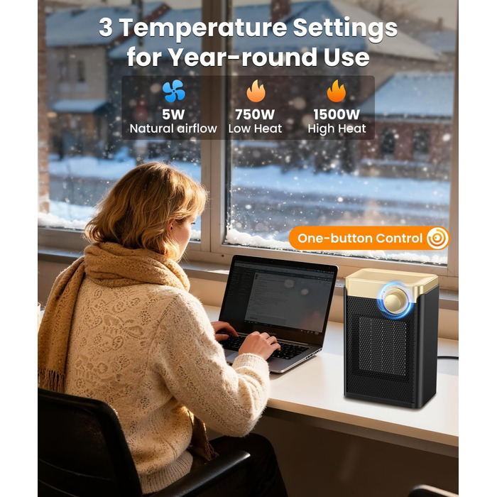 Енергозберігаючий електричний вентилятор-обігрівач, електричний обігрівач потужністю 1500 Вт з керамічним нагрівальним елементом PTC, 3 режими, портативний обігрівач із захистом від перегріву та перекидання, для ванних кімнат, спалень, кемпінгу в приміщен