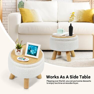 Пуф-підставка для ніг, маленький круглий пуф з місцем для зберігання, пуф з букле плюшевого оксамиту з дерев&39яними ніжками, м&39який пуф з місцем для зберігання для вітальні, спальні, (кремовий) (кремовий)