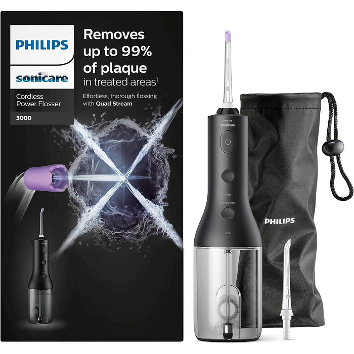 Іригатор для порожнини рота Philips Sonicare Wireless Flosser 3000, водяна нитка для догляду за зубами, яснами та зубами, чорний (модель HX3826/33)