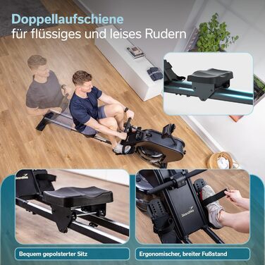 Гібридний гребний тренажер Skandika Nemo III Опір воді та магніту, 32 рівні електричного опору, 15 програм, до 200 см, сумісний із додатком, окремостоячий Водний гребний тренажер, домашнє фітнес-обладнання, дерев&39яний