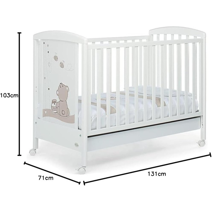 Дитяче ліжечко з регульованою бічною панеллю, 131 x 71 x 103 см, 24 кг, біле. Регульоване