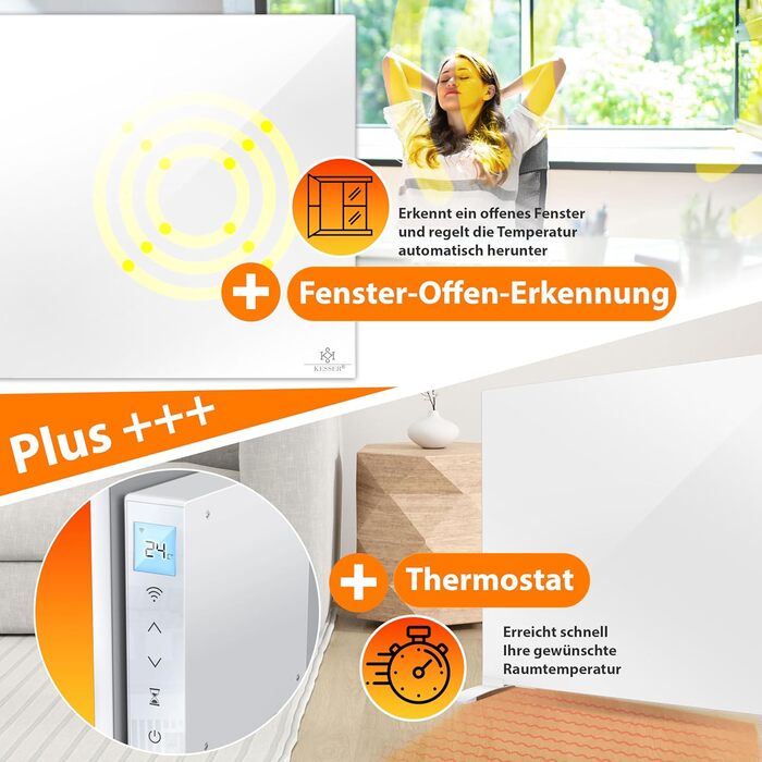 Інфрачервоний обігрівач KESSER 520 Вт, алюмінієвий обігрівач, енергозберігаючий, окремостоячий та настінний, електричний обігрівач 2-в-1 з датчиком відкритого вікна дистанційним керуванням та керуванням через додаток, термостат, інфрачервона нагрівальна п