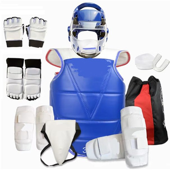 Захисний костюм для тхеквондо для дорослих та дітей, комплект для змагань з бойових мистецтв, комплект щитків для гомілки, голова, рот, рукавички, комбінований спортивний захист, дитячий, синій, 130-150 см