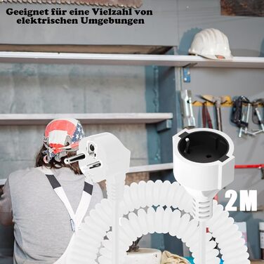 Заземлений спіральний подовжувач, розтяжний спіральний кабель від 0,8 м до 2 м із захисною контактною вилкою та захисною контактною муфтою, (230 В/16 А) ПВХ подовжувач, IP20, білий WS 2M